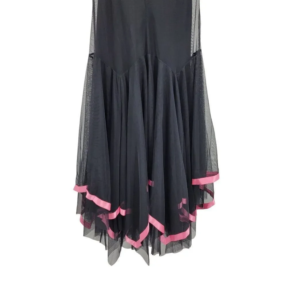 Vintage 90s Midi Dress M Black Mesh Overlay Pink Ribbon Trim Scarf Hem Goth - Picture 11 of 13